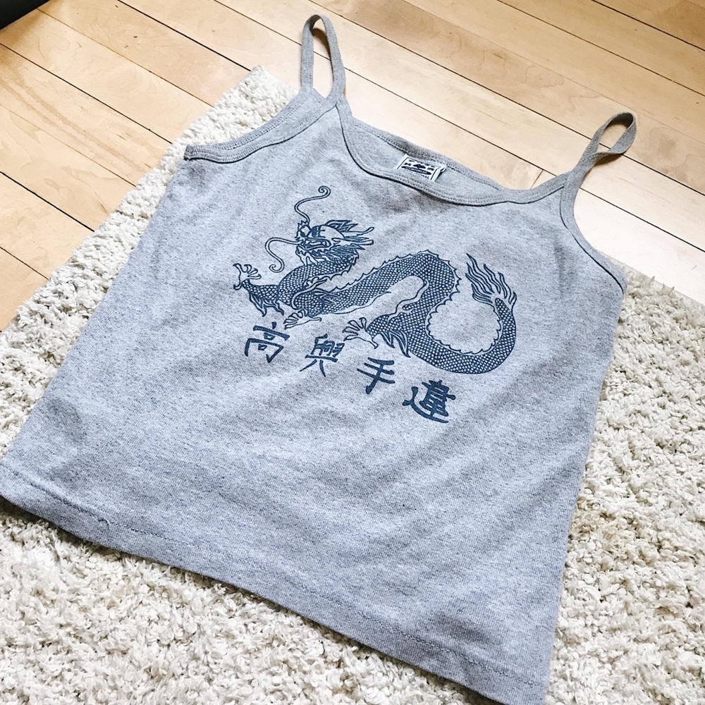 light gray and navy Chinese dragon cropped tank